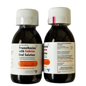 A 100 mL bottle of Codeine Promethazine Oral Solution in orange or grape flavor, used to treat cough and allergy symptoms, with dosage label visible.