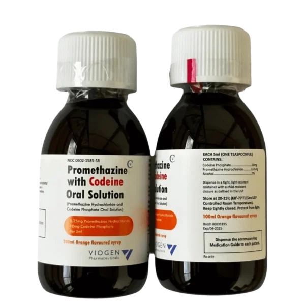 A 100 mL bottle of Codeine Promethazine Oral Solution in orange or grape flavor, used to treat cough and allergy symptoms, with dosage label visible.