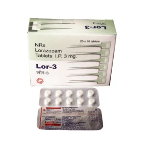 Blister pack of Lorazepam 3mg tablets showing small round white pills with dosage and brand information on the packaging.