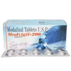 Blister pack of Modafinil 200mg tablets used to promote wakefulness in conditions like narcolepsy and sleep disorders