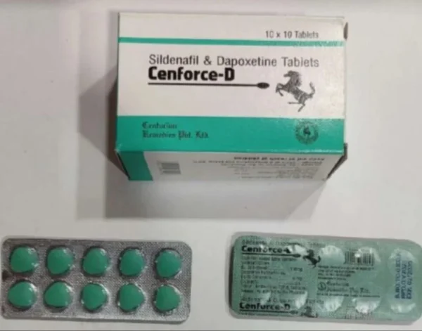 A blister pack of Cenforce-D tablets, containing Sildenafil and Dapoxetine, used for treating erectile dysfunction and premature ejaculation in men.