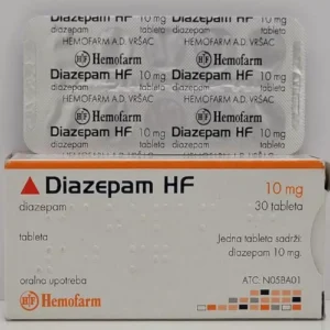 Blister pack of Hemofarm Diazepam 10mg tablets showing white round pills with Hemofarm logo and dosage label on the packaging
