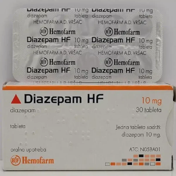 Blister pack of Hemofarm Diazepam 10mg tablets showing white round pills with Hemofarm logo and dosage label on the packaging