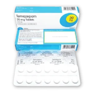 Blister pack of Temazepam 20mg tablets showing round or oval pills with dosage and brand labeling visible on the packaging.