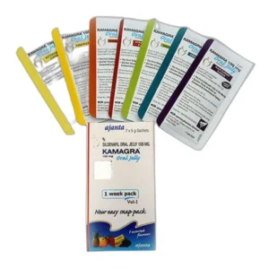 KAMAGRA ORAL JELLY 100MG (Vol-1) sachet packaging, used for treating erectile dysfunction." Let me know if you'd like the alt text to be more descriptive (e.g., including colors, branding, or layout) or tailored for accessibility or SEO purposes.