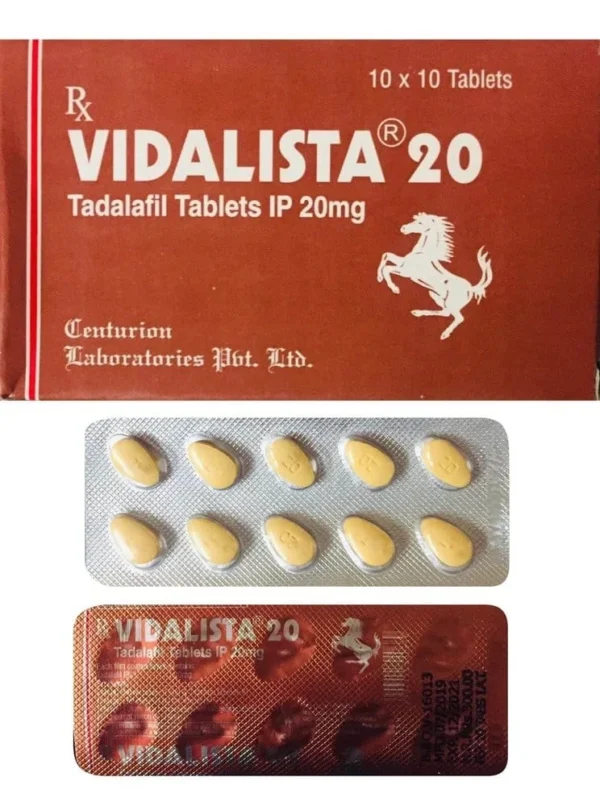 Blister pack of Vidalista 20 Tadalafil Tablets IP 20mg – used for the treatment of erectile dysfunction in men.